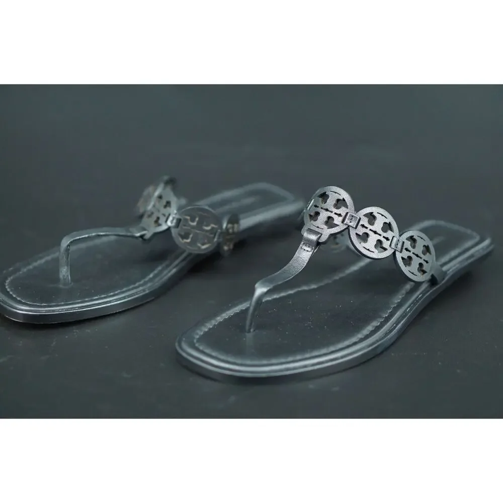 Tory Burch Miller Tiny Black Leather Thong Sandals SZ 7.5 $235 Logo Flip Flop